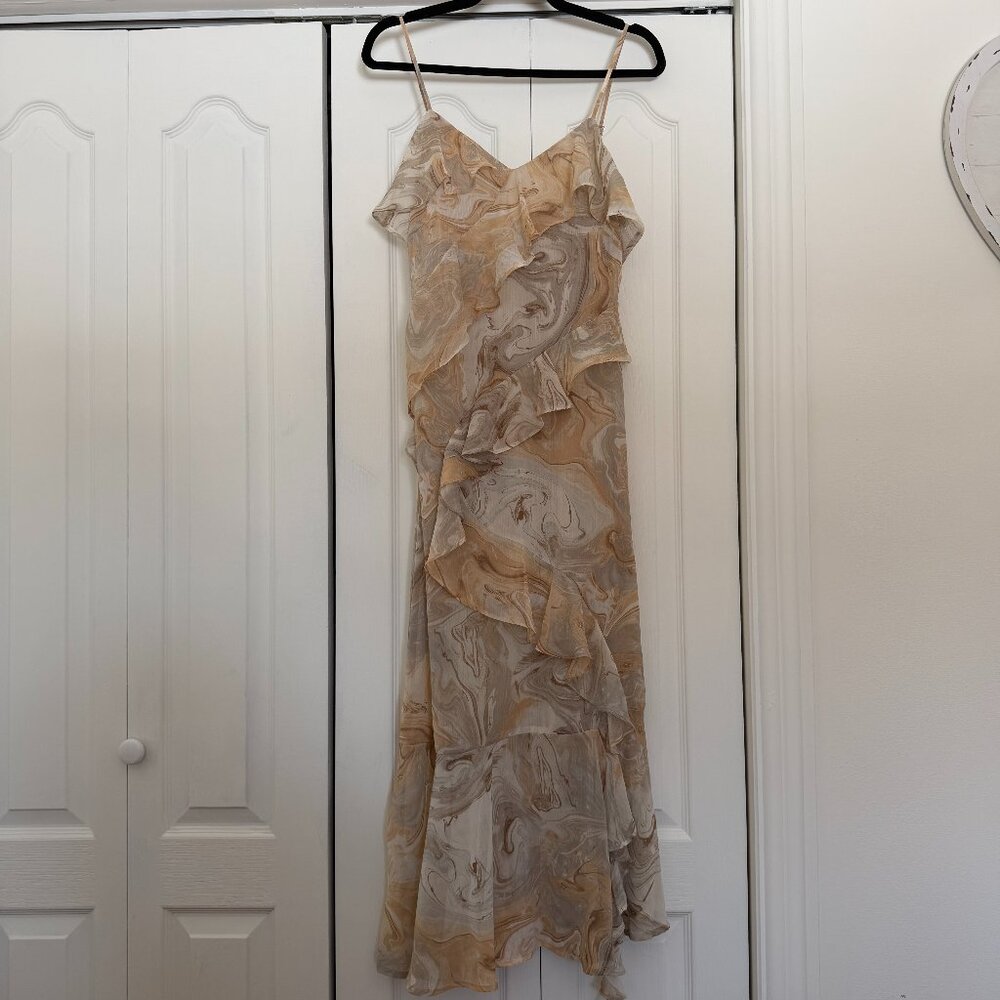 Beige Marble Print Ruffle Maxi Dress – Flowy Long Dress - Picture 2 of 6